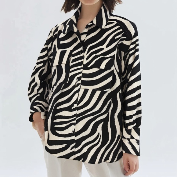 Zebra print felted oversized fit shirt jacket - Picture 1 of 6